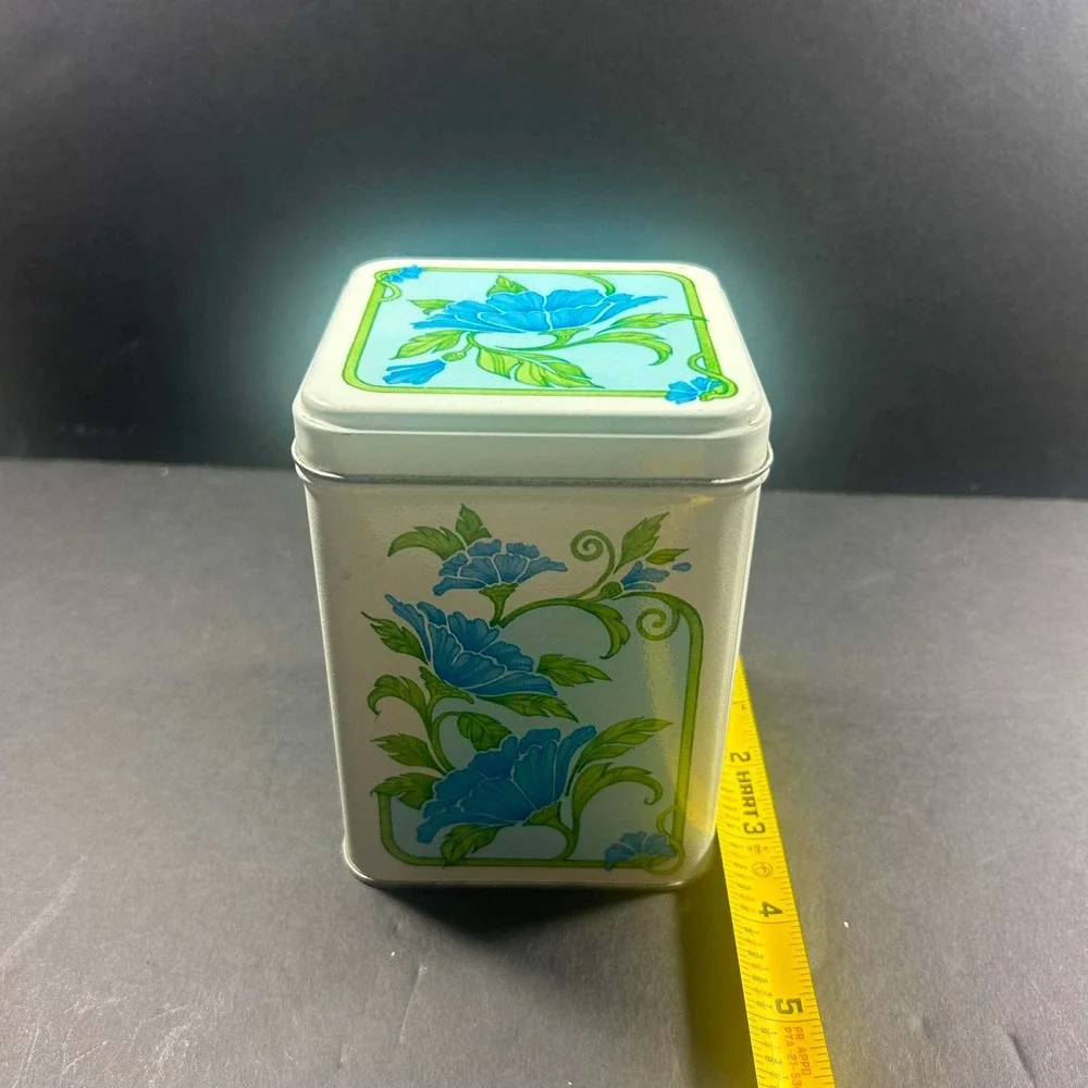 Floral Vintage Retro Tin White Blue Square Canister Small